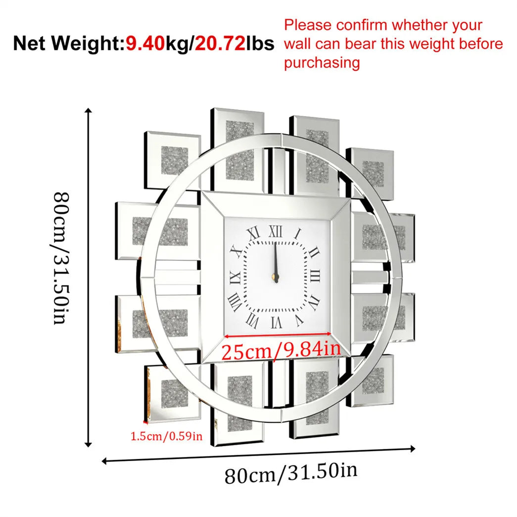 Combination Large Wall Clock Crushed Diamond Mirrored Silver Gold