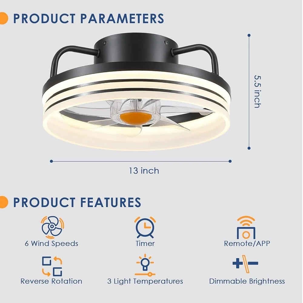 XMSJ Bladeless Ceiling Fan With Lights Remote Control LED