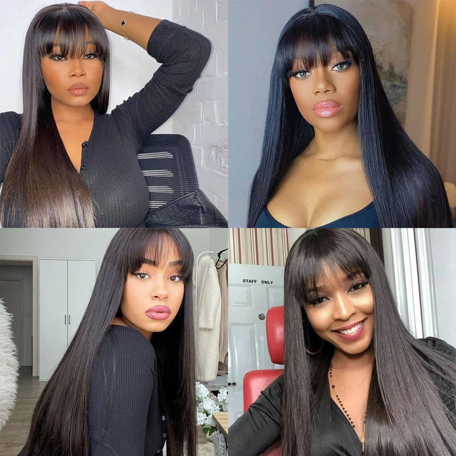 NnekaCap Brazilian Remy Human Hair Wig With Bangs Glueless HD Lace Wig For Natural Look