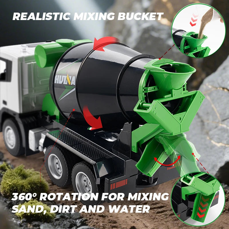 HUI NA TOYS 1:18 Scale 9-Channel Alloy RC Cement Mixer Truck With 360° Rotating Drum & MixingFunnel, Tactile Control System