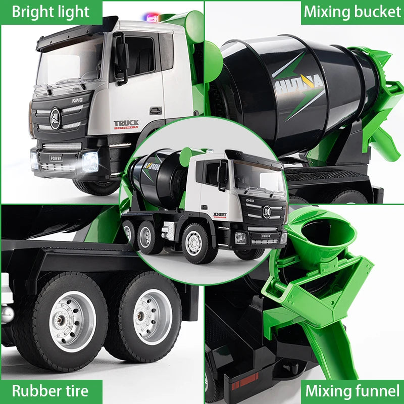 HUI NA TOYS 1:18 Scale 9-Channel Alloy RC Cement Mixer Truck With 360° Rotating Drum & MixingFunnel, Tactile Control System