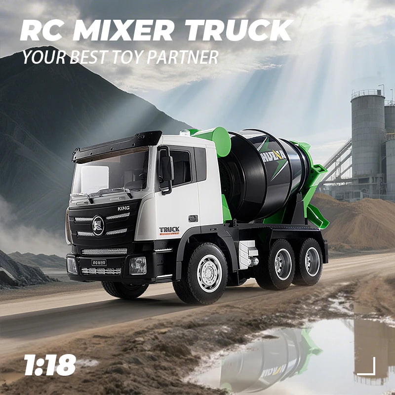 HUI NA TOYS 1:18 Scale 9-Channel Alloy RC Cement Mixer Truck With 360° Rotating Drum & MixingFunnel, Tactile Control System