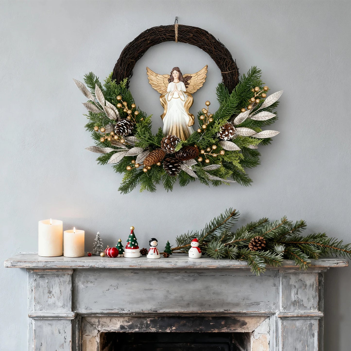 Christmas Wreath With Angel And Pinecone For Front Door And Porch