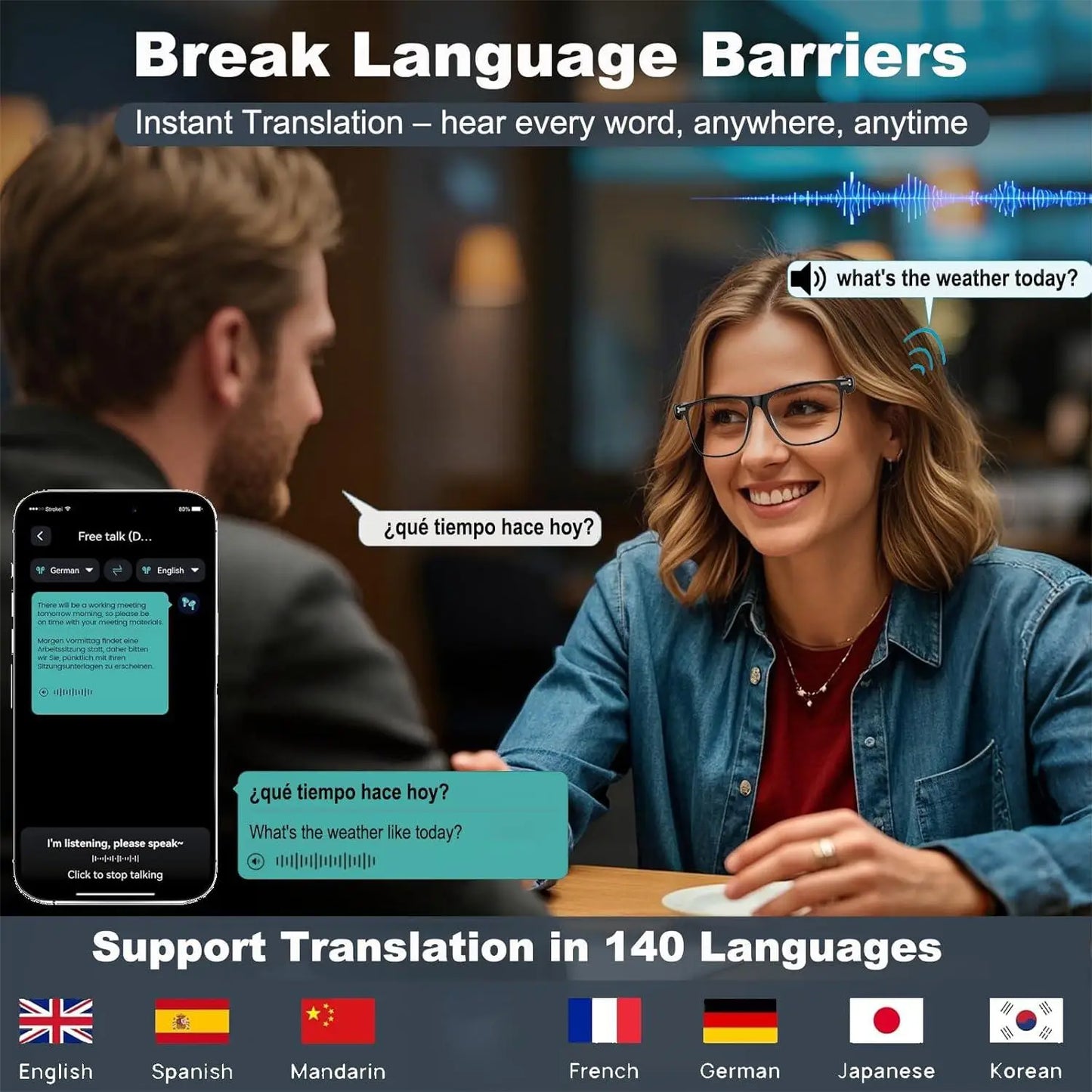 Giinova AI Translation Smart Glasses Real Time 160 Languages