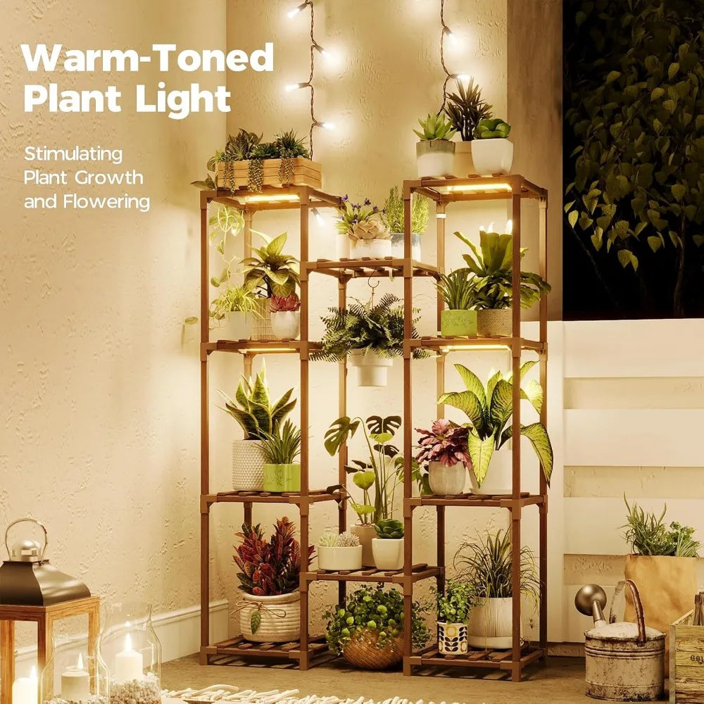 Multi-Tier Plant Stand With Grow Light Wood Shelf For Indoor Outdoor Gardens