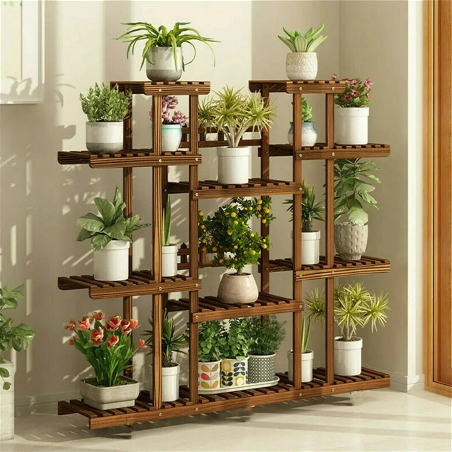Hign-concerned 11 Tier Wood Plant Stand Natural Pine Rack