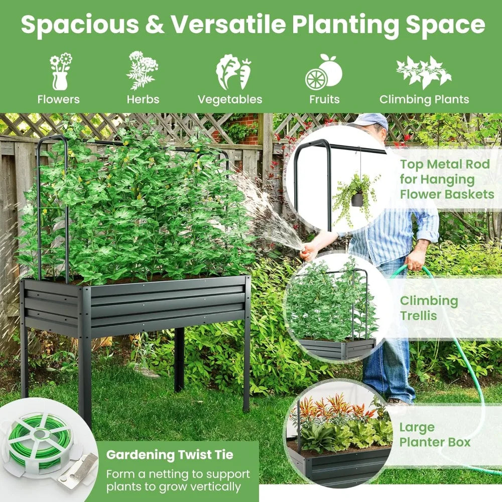 Galvanized Metal 3-in-1 Raised Garden Bed With Trellis And Cover