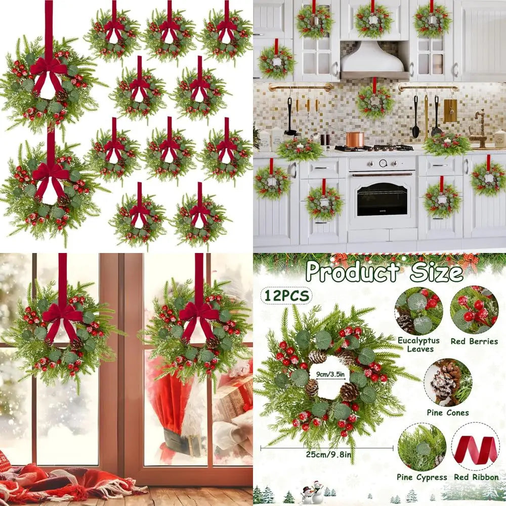 Mini Christmas Wreaths Set of 12, Ideal for Windows, Doors, Cabinets, and Candle Rings - Festive Season Decorations