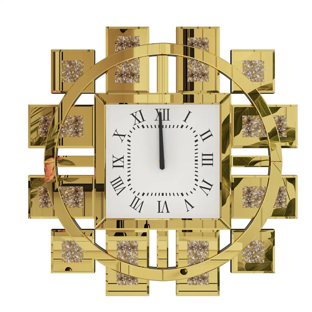 Combination Large Wall Clock Crushed Diamond Mirrored Silver Gold
