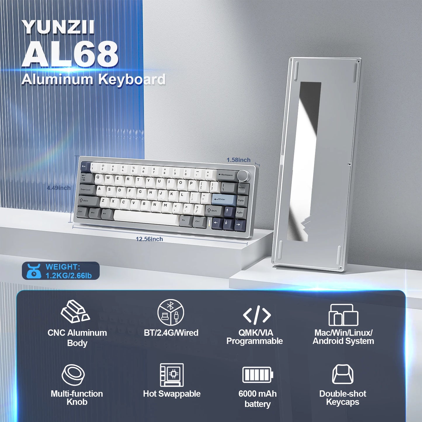 YUNZII AL68 Wireless Mechanical Keyboard QMKVIA Aluminum HotSwapKnob USBTypeCConnector