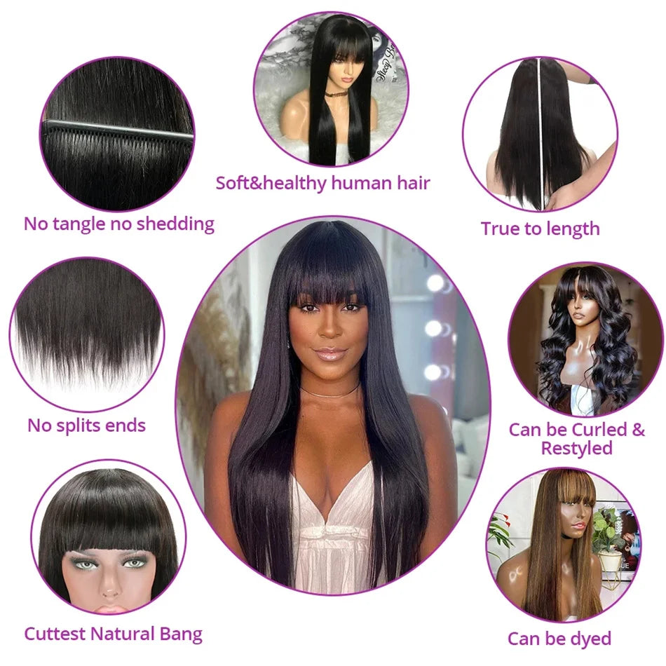 NnekaCap Brazilian Remy Human Hair Wig With Bangs Glueless HD Lace Wig For Natural Look