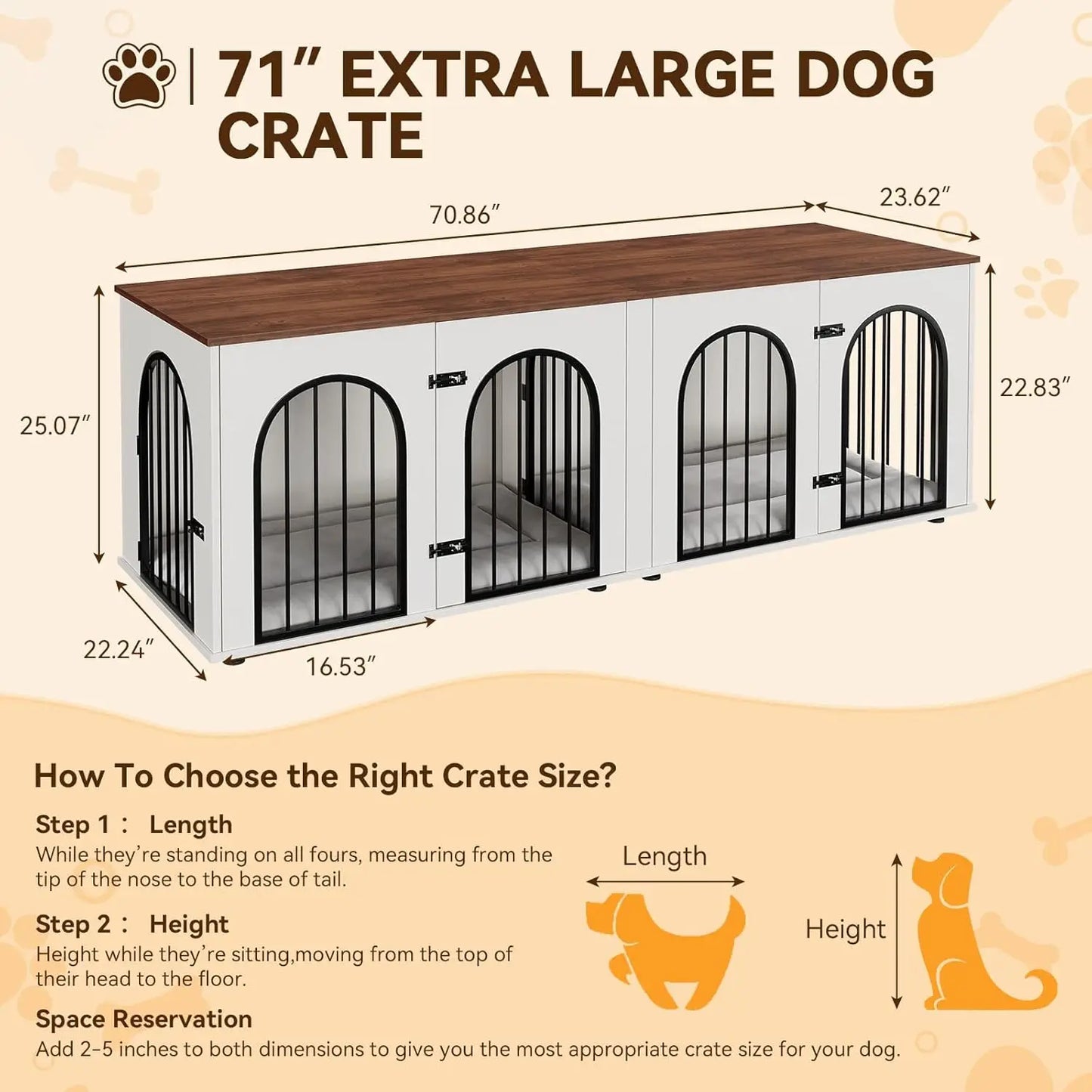 Dog Crate Furniture for 2 Dogs, 71" Dog Kennel Indoor with Cushions,XXL Wooden Dog Crates TV Stand with Removable Divider