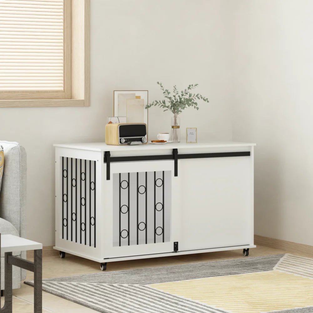 Modern Wooden Dog Crate Furniture with Sliding Barn Door and Side Door, Indoor Dog Kennel End Table for Small to Medium Dogs