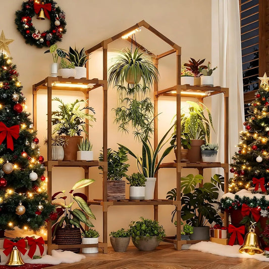 Wood Plant Shelf With Grow Lights For Indoor Hanging Planters