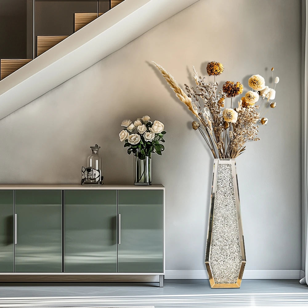 Crushed Diamond Mirrored Floor Vase Glass Crystal Modern Home Decor