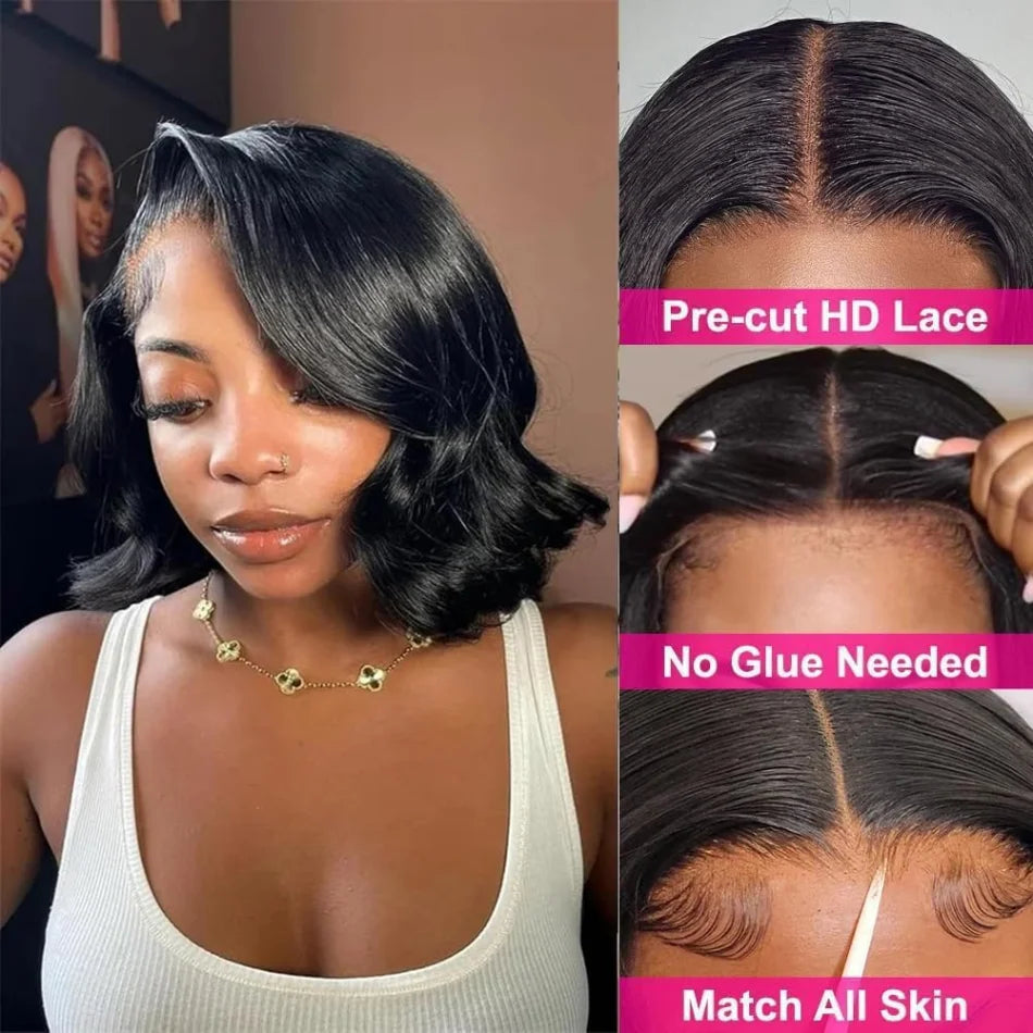 Wear And Go Glueless Bob Wig Human Hair Short Body Wave Lace Front 4x4 HD Lace Closure