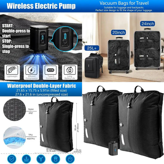 Double Layer Electric Vacuum Bags with Wireless Pump for Travel and Clothing Storage
