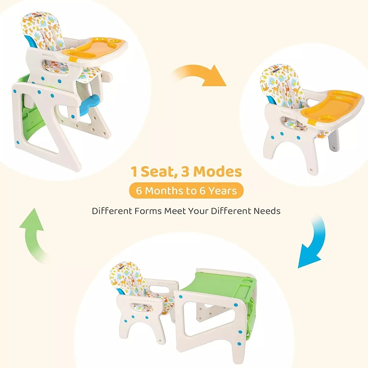 SEJOY 3 In 1 Baby High Chair With Adjustable Backrest