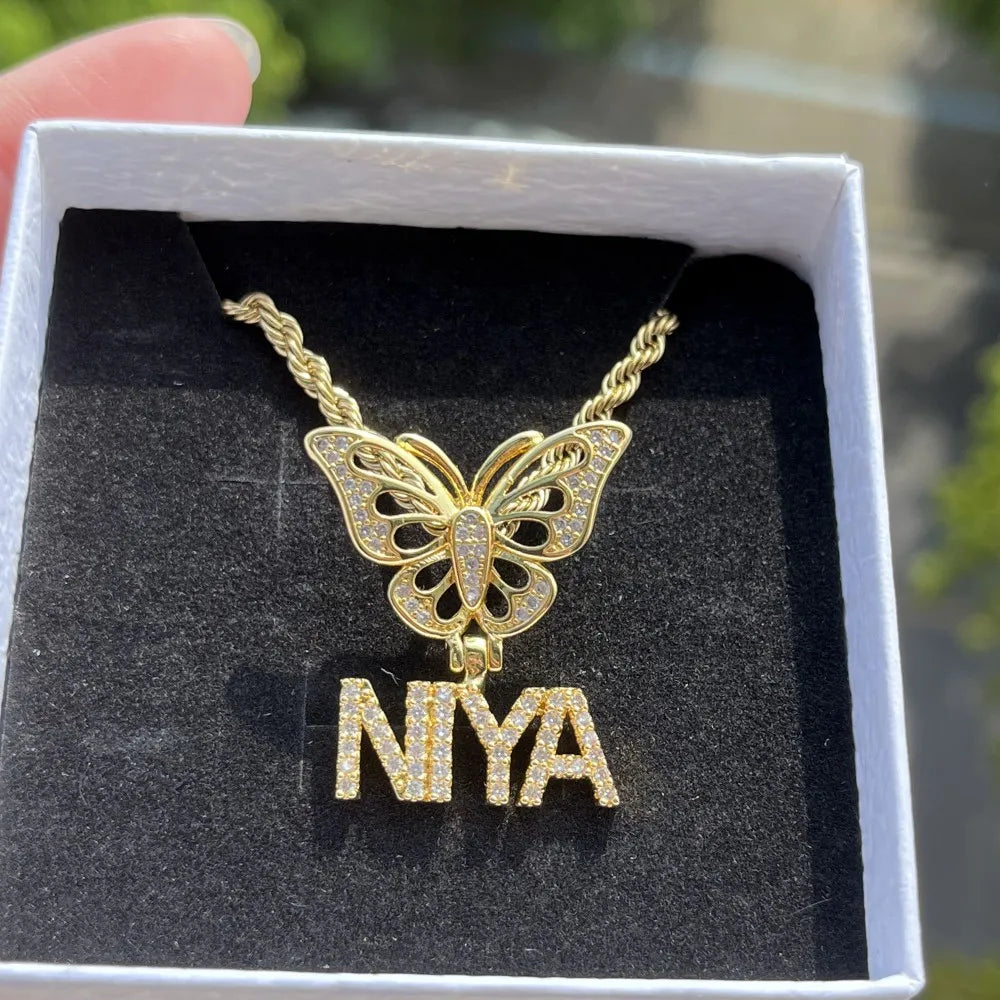 Duoying Custom Nameplate Butterfly Necklace Zircon Pendant