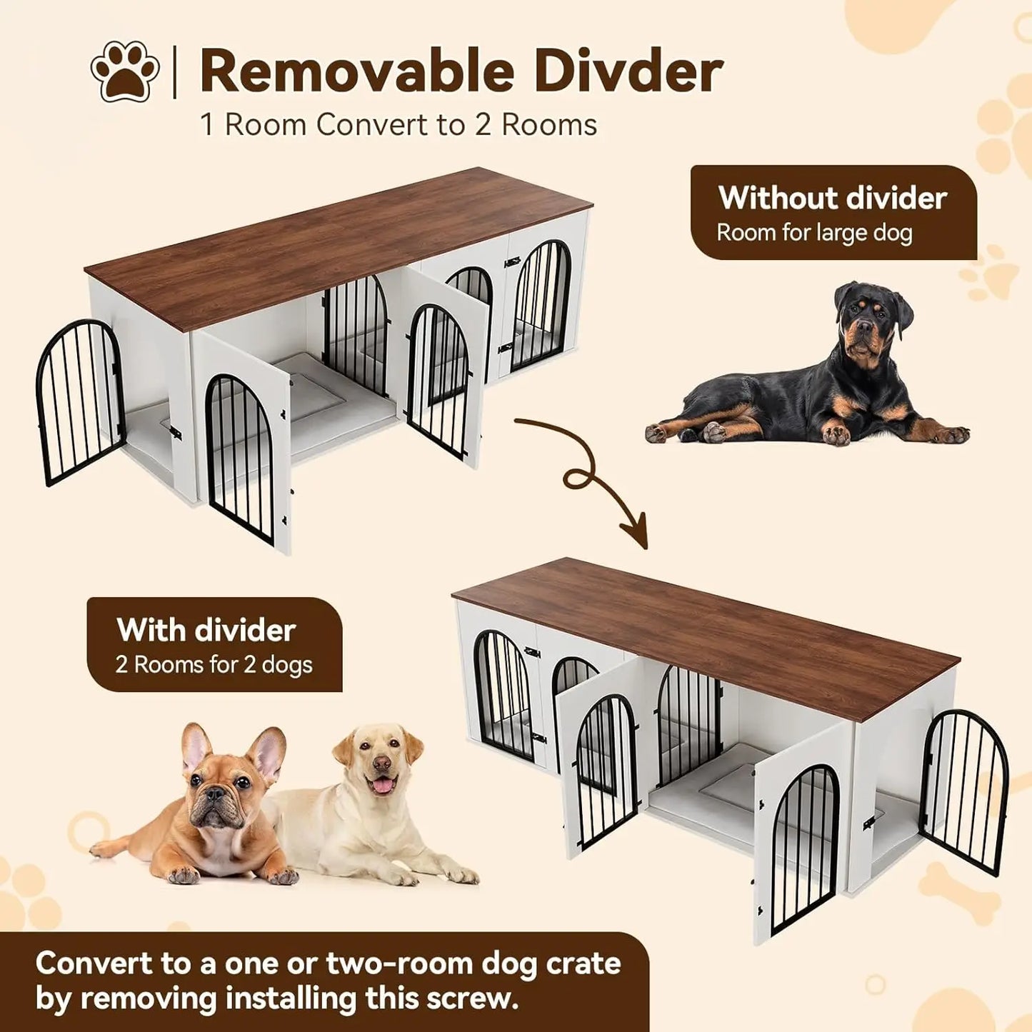 Dog Crate Furniture for 2 Dogs, 71" Dog Kennel Indoor with Cushions,XXL Wooden Dog Crates TV Stand with Removable Divider