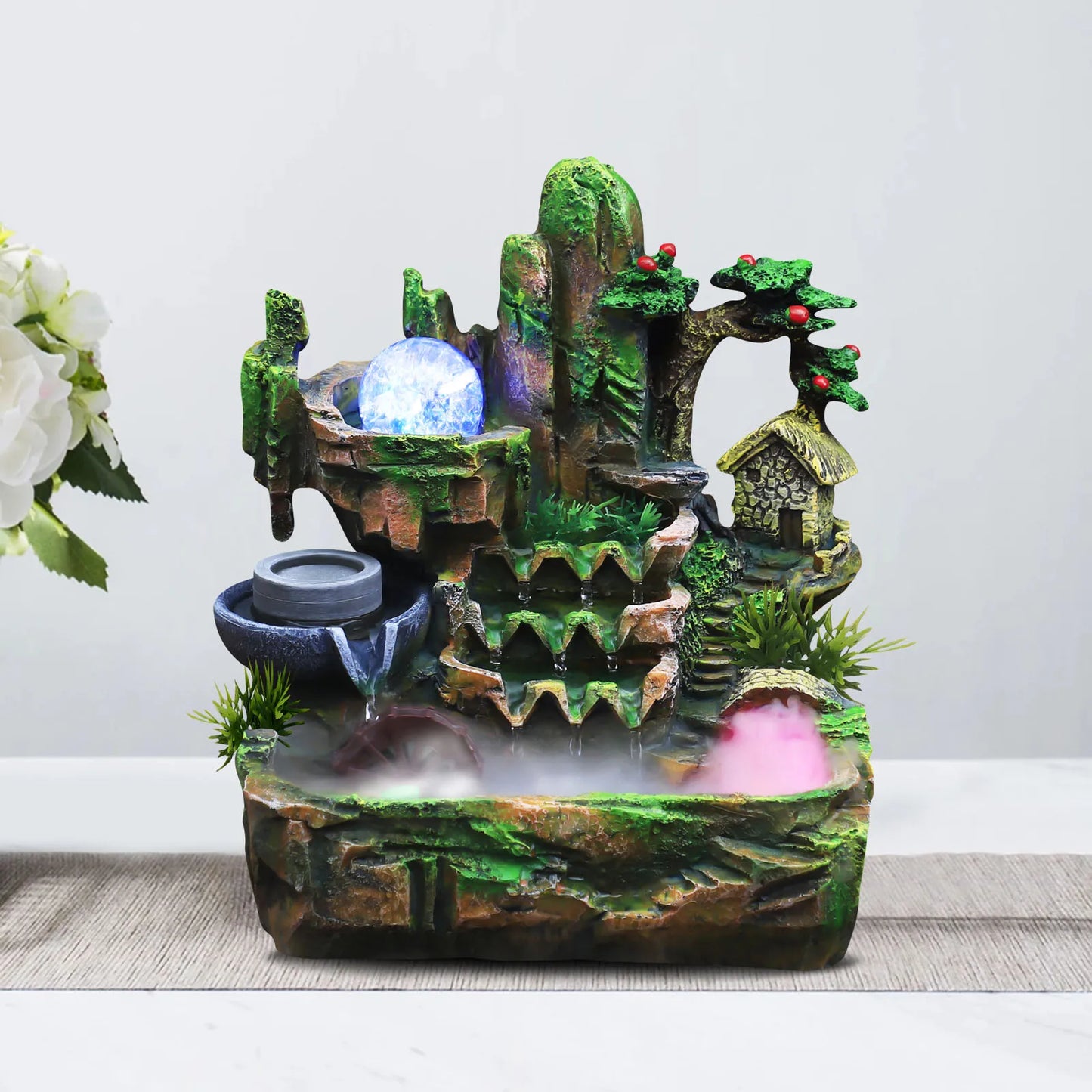 Feng Shui Desktop Water Fountain With LED Lights 110V Plug