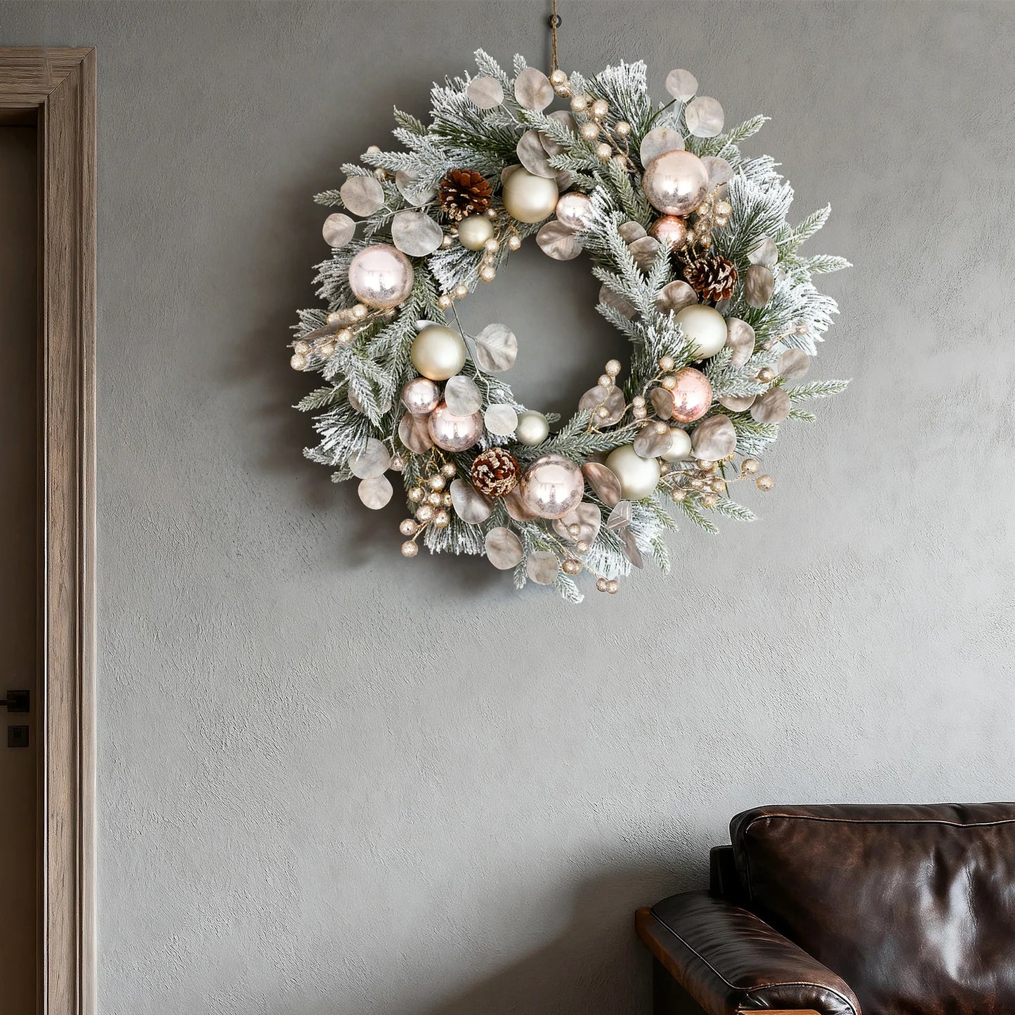 24 Inches Artificial Christmas Wreath with Mixed Pine & Shatterproof Balls Outdoor/Indoor Front Door Holiday Decoration for Home