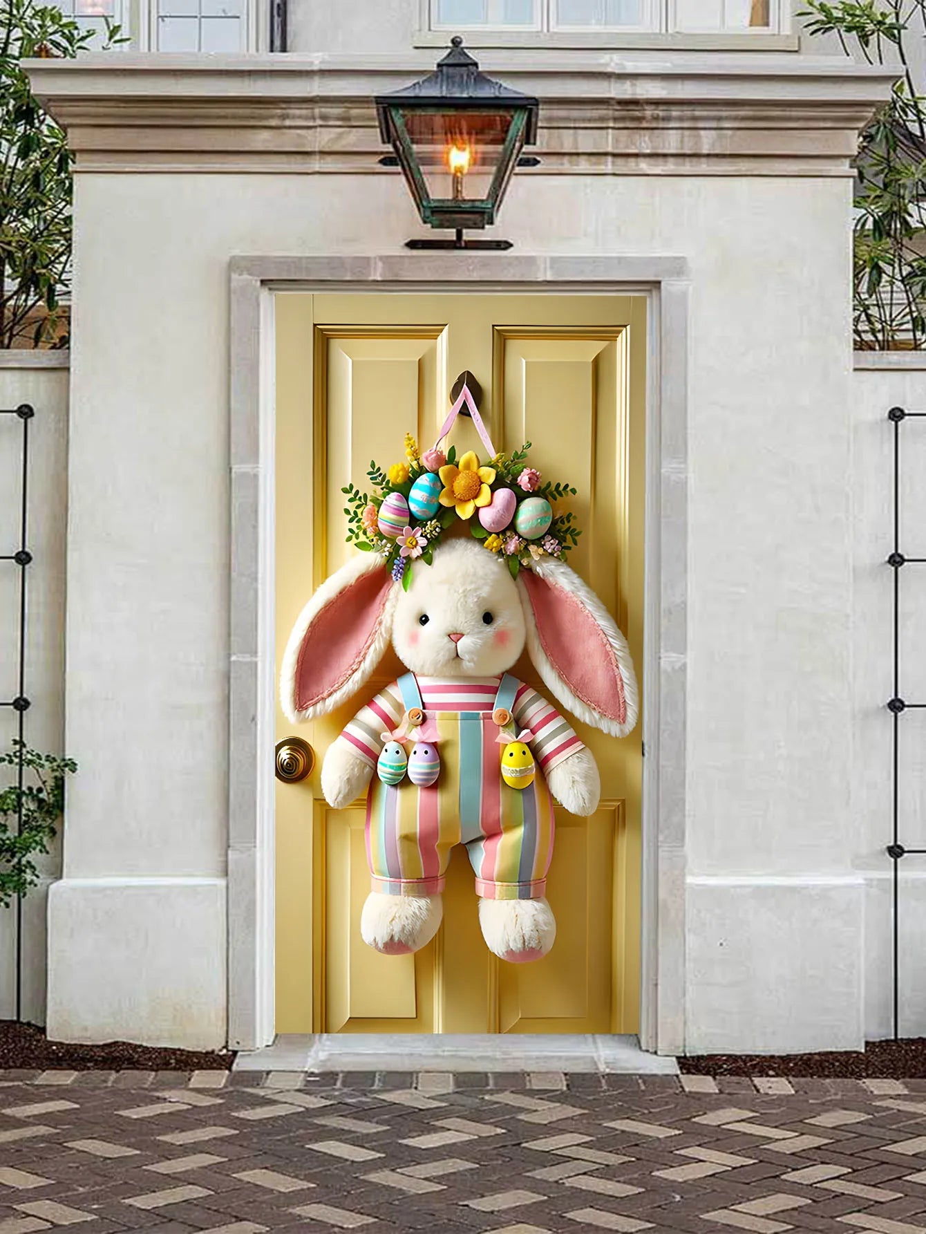 Easter Door Cover Decoration Plush Rabbit Wreath Easter Egg Coloured Ribbon Background Indoor Outdoor Porch Banner Party Supply