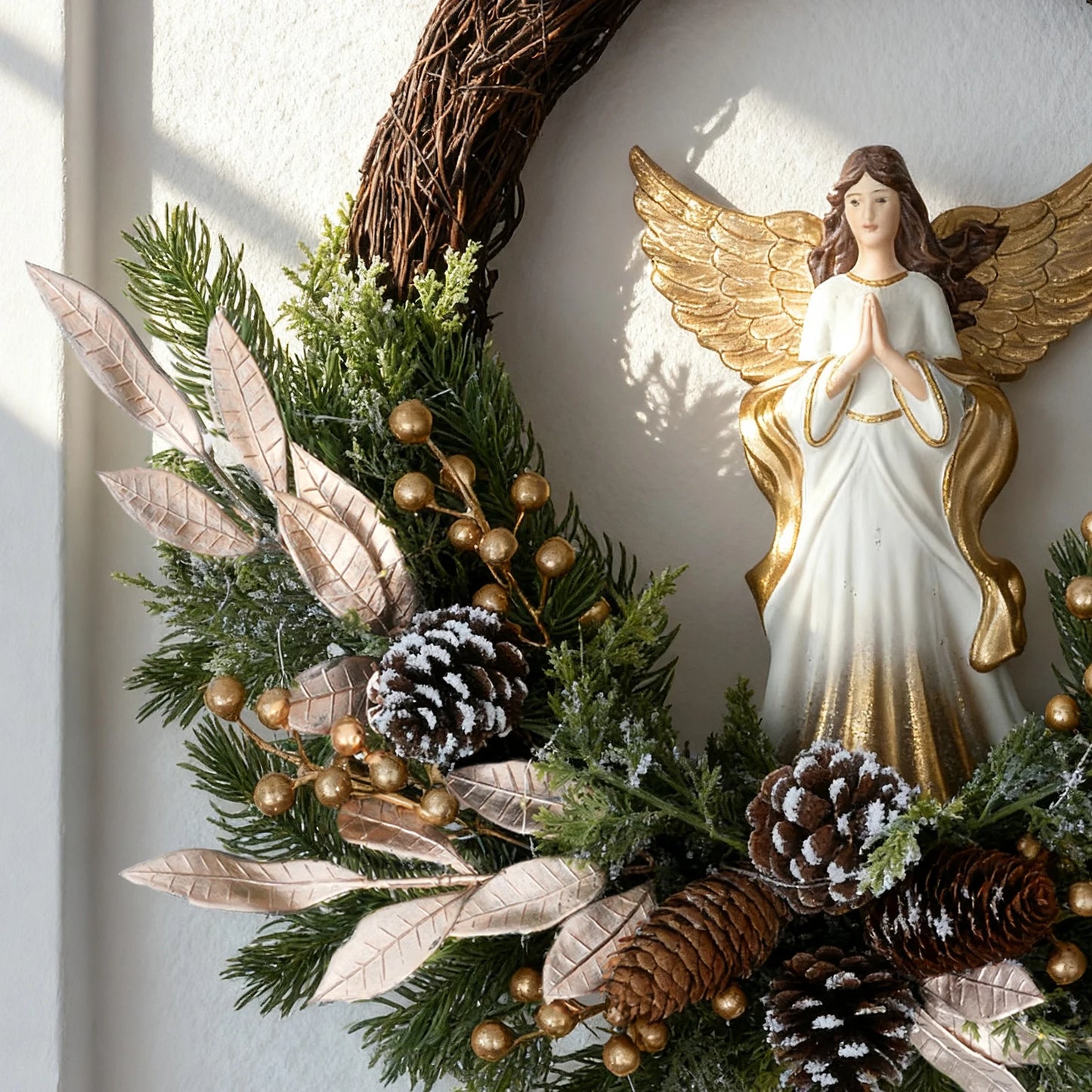 Christmas Wreath With Angel And Pinecone For Front Door And Porch