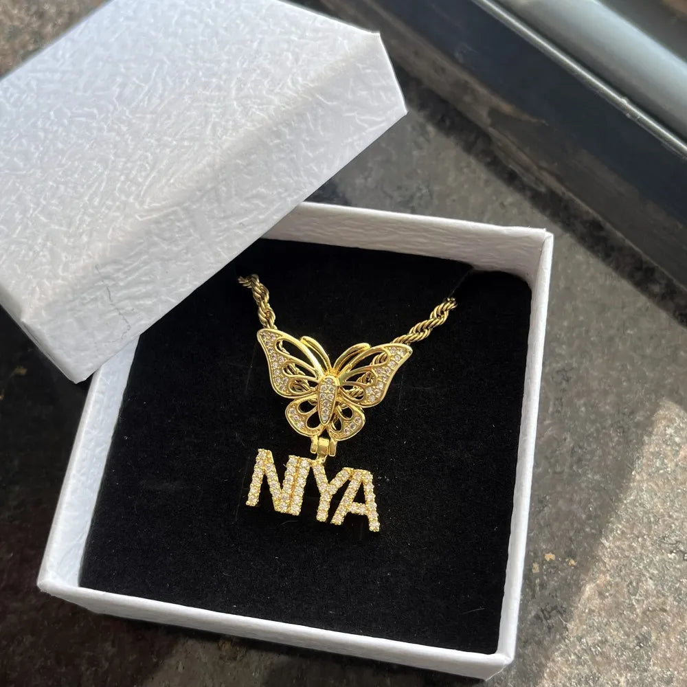 Duoying Custom Nameplate Butterfly Necklace Zircon Pendant
