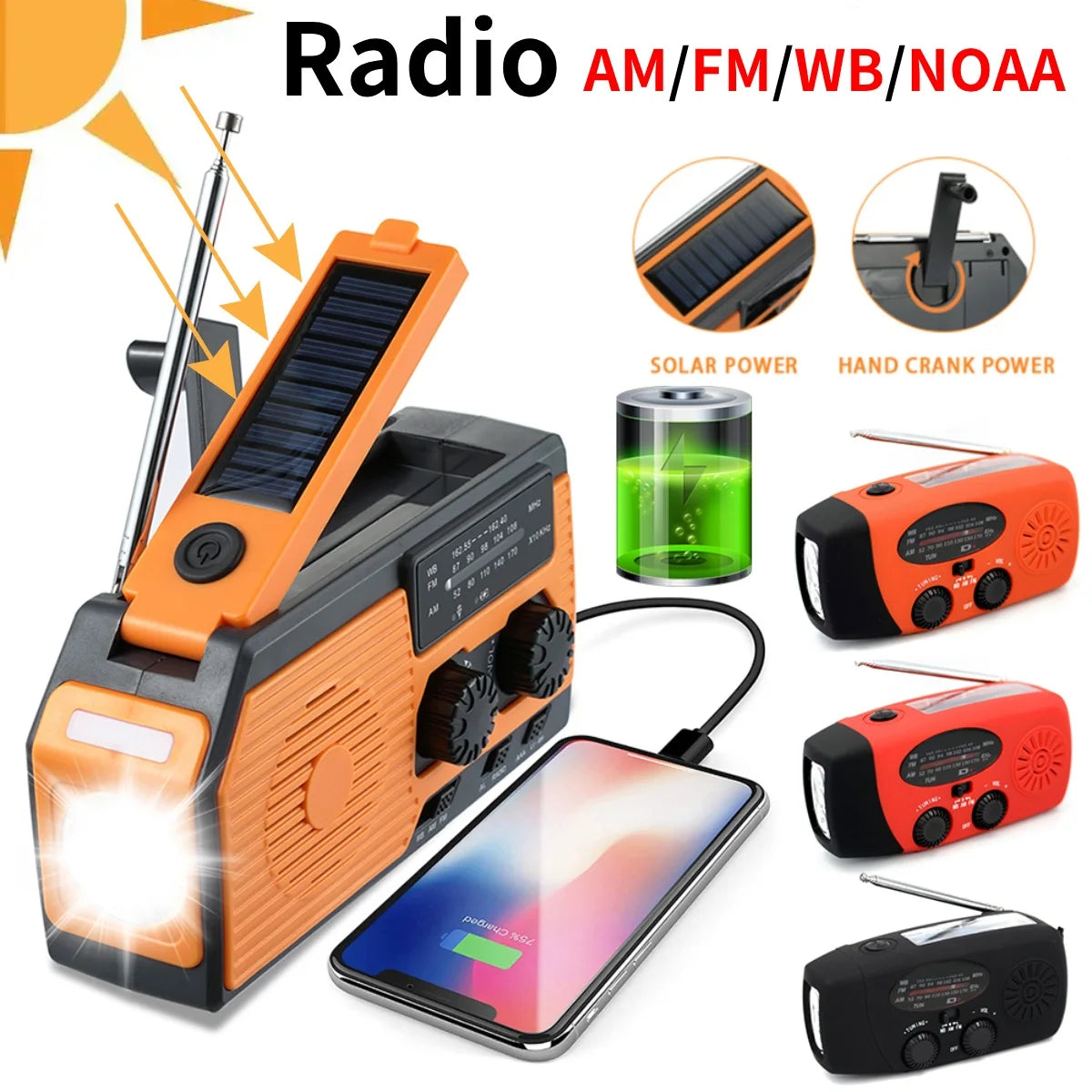 TAKEZERO Solar Hand Crank Radio AM FM NOAA Flashlight