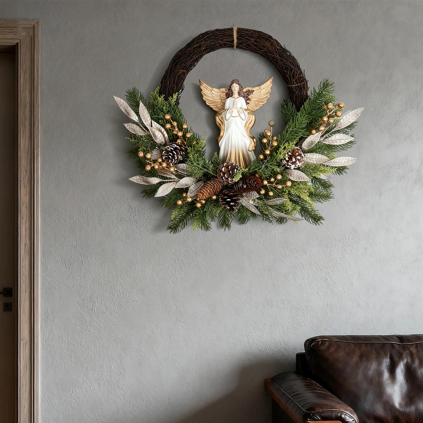 Christmas Wreath With Angel And Pinecone For Front Door And Porch