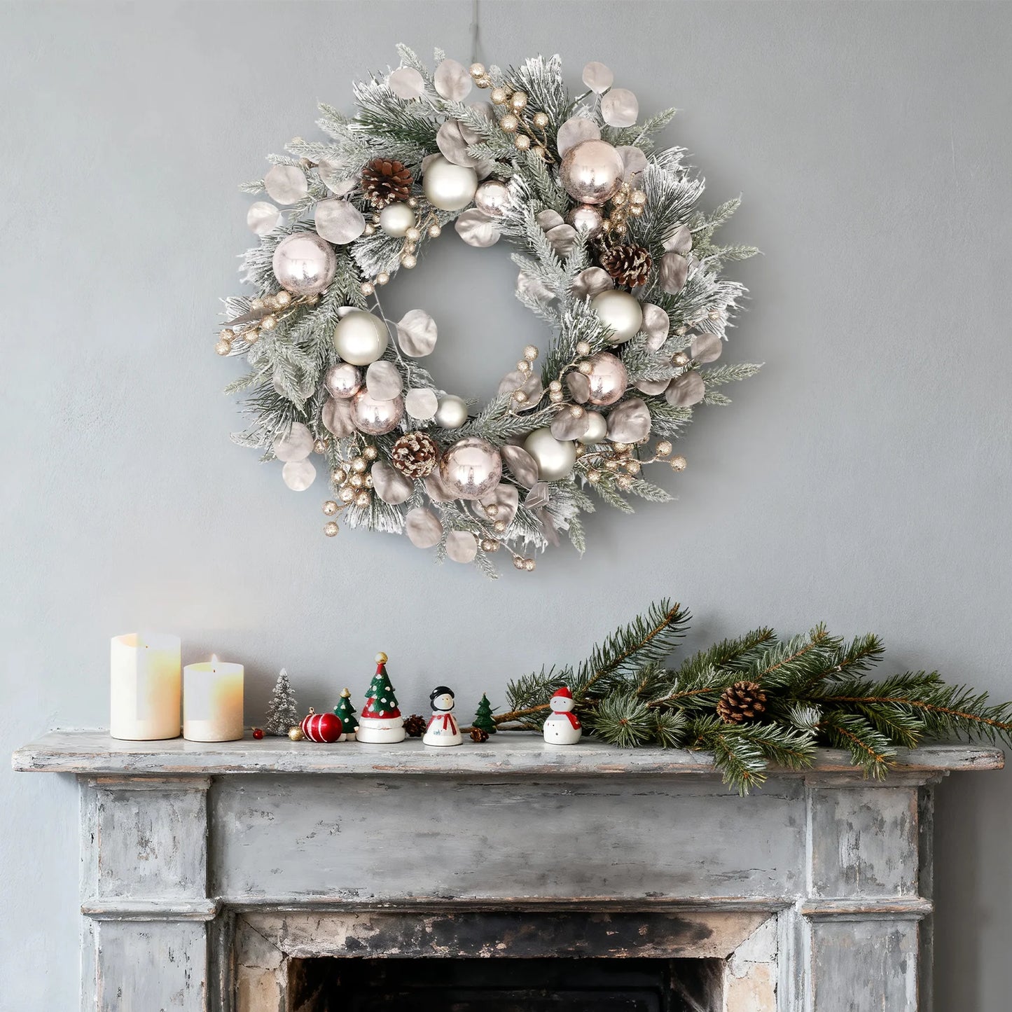 24 Inches Artificial Christmas Wreath with Mixed Pine & Shatterproof Balls Outdoor/Indoor Front Door Holiday Decoration for Home