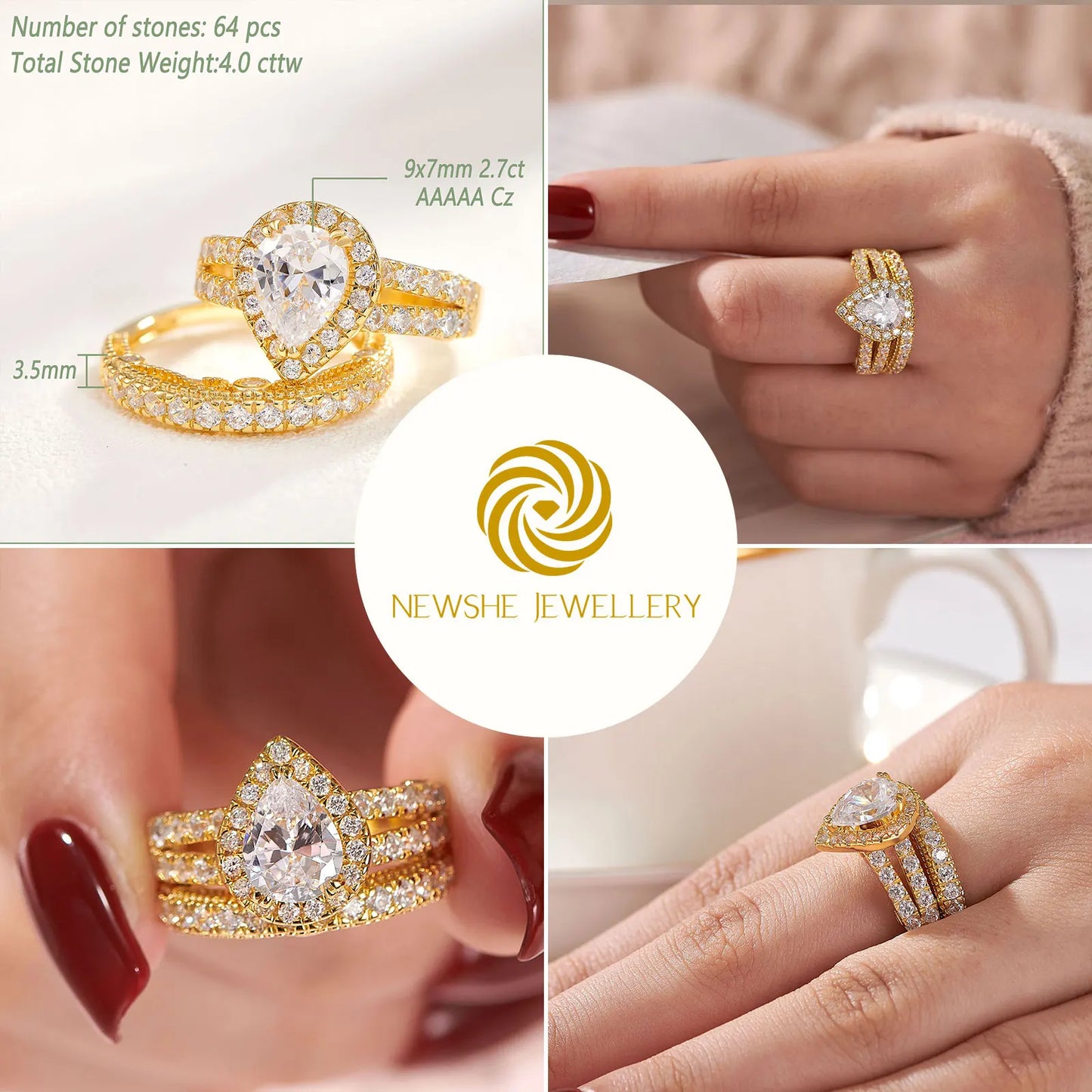 Newshe 925 Sterling Silver Pear Cut CZ Engagement Ring Set