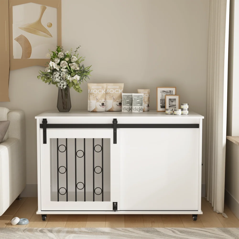 Modern Wooden Dog Crate Furniture with Sliding Barn Door and Side Door, Indoor Dog Kennel End Table for Small to Medium Dogs