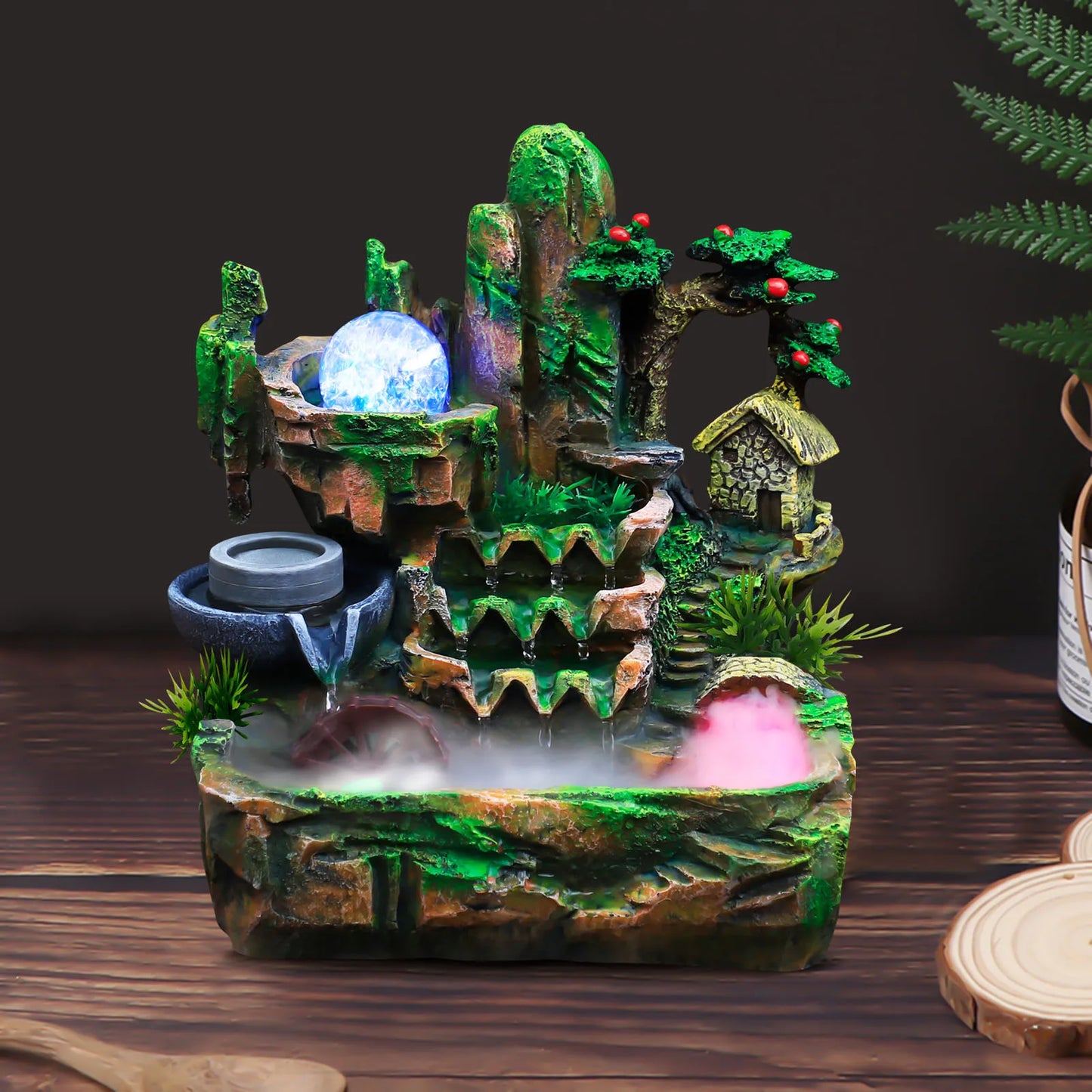 Feng Shui Desktop Water Fountain With LED Lights 110V Plug