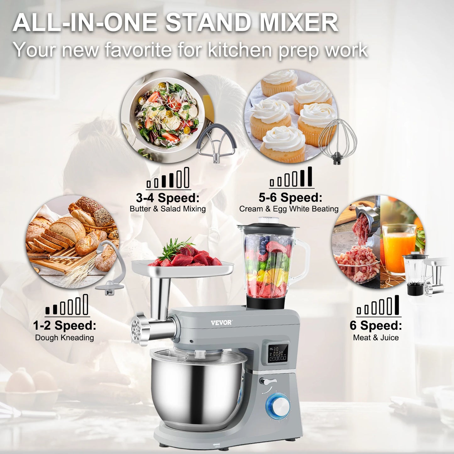 VEVOR 5-In-1 Stand Mixer With Stainless Bowl Dough Hook