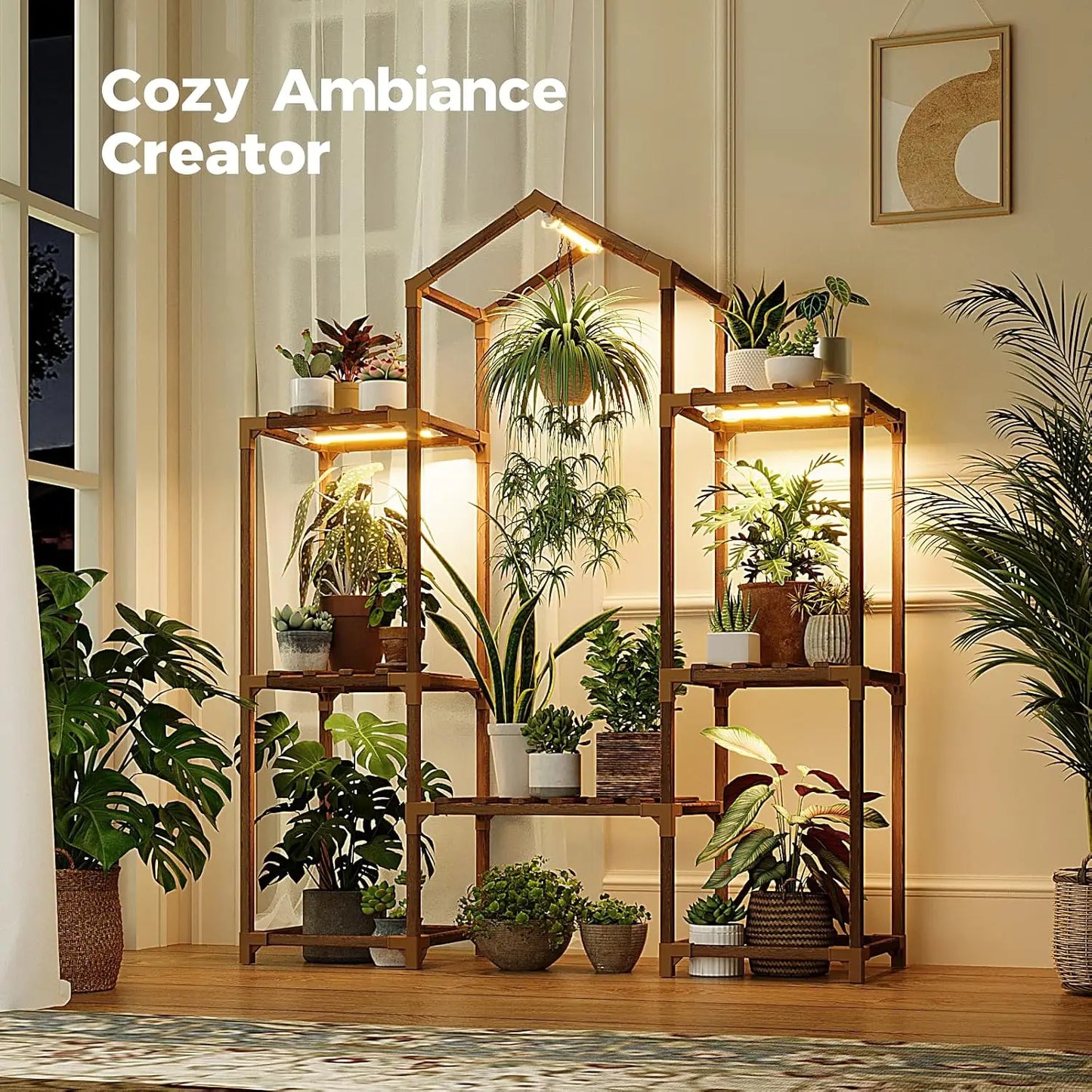 Wood Plant Shelf With Grow Lights For Indoor Hanging Planters