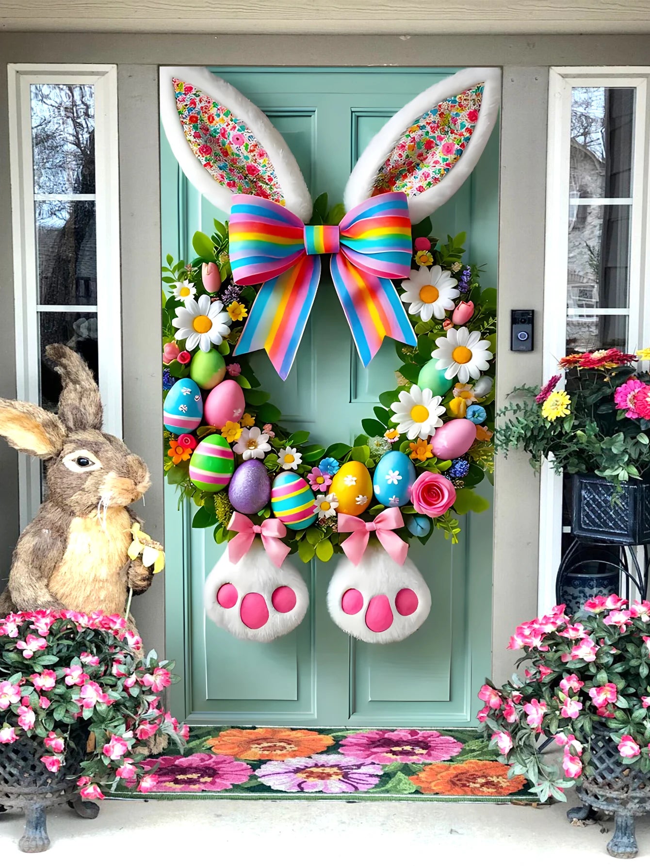 Easter Door Cover Decoration Plush Rabbit Wreath Easter Egg Coloured Ribbon Background Indoor Outdoor Porch Banner Party Supply