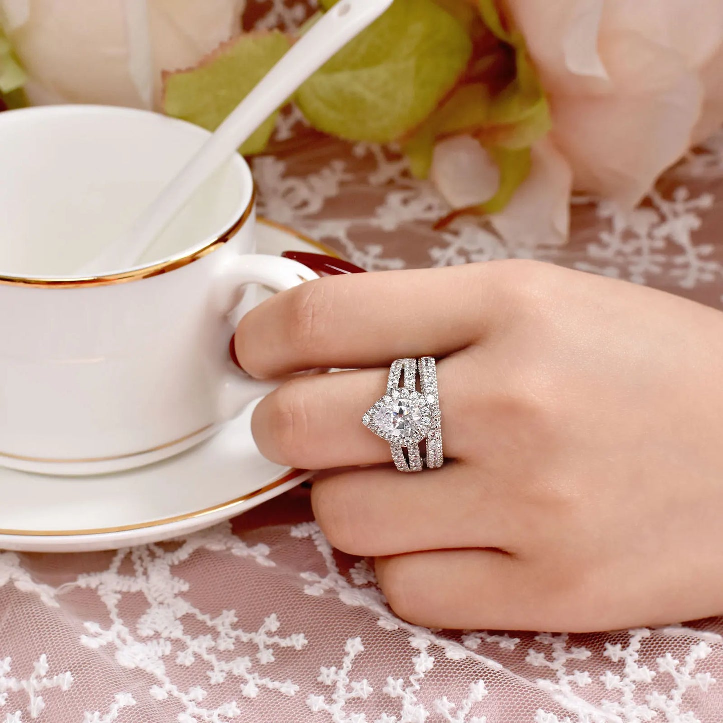 Newshe 925 Sterling Silver Pear Cut CZ Engagement Ring Set