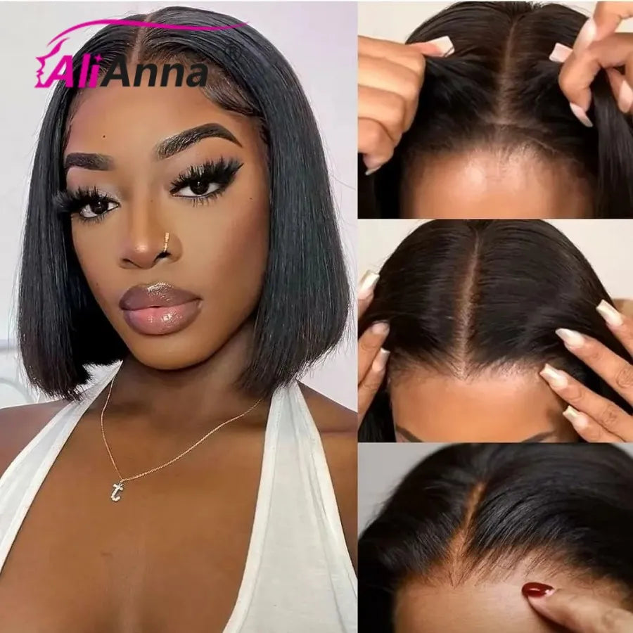 ALIANNACap Straight Glueless Human Hair Short Bob Wig Transparent Lace