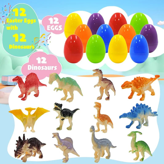 12Pcs Prefilled Easter Eggs with Dinosaur Toys Easter Basket Stuffers Surprise Easter Eggs Party Favors for Kids