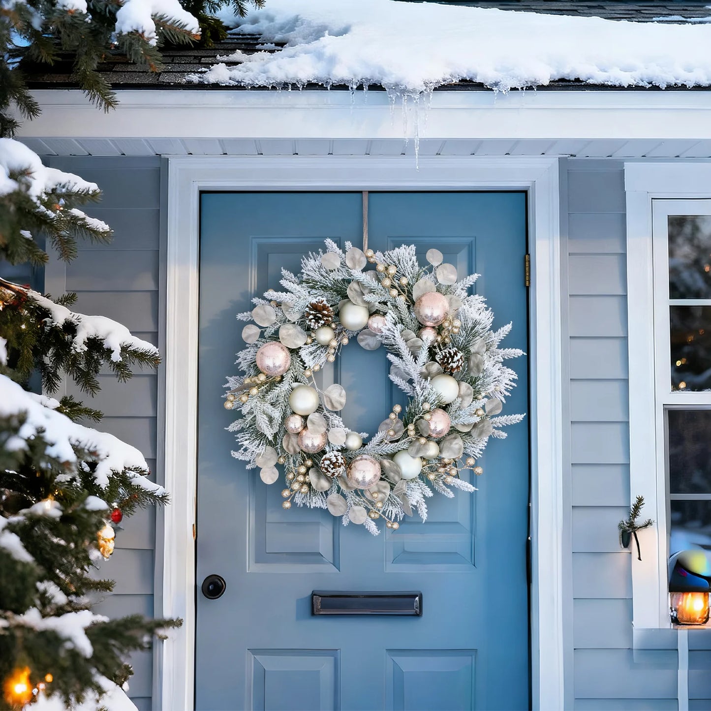24 Inches Artificial Christmas Wreath with Mixed Pine & Shatterproof Balls Outdoor/Indoor Front Door Holiday Decoration for Home