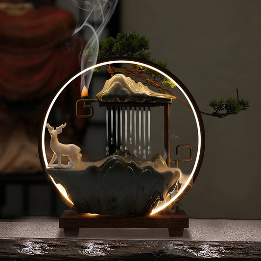 110V Ceramic Tabletop Fountain With Mist LED Deer Figurine Pine Branches Easy Setup Quiet For Indoor Meditation Feng Shui Decor