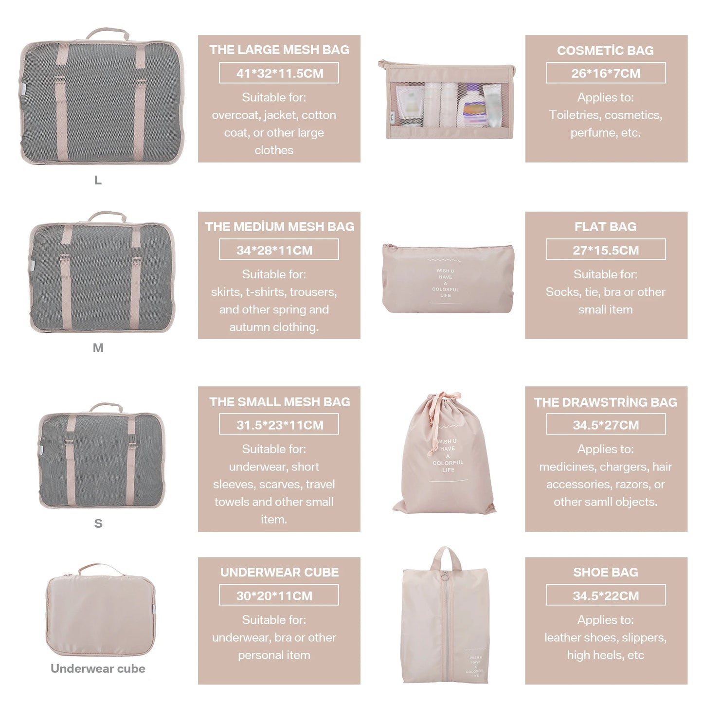 Travel Packing Cubes Organizer Set Waterproof With Shoe Bag