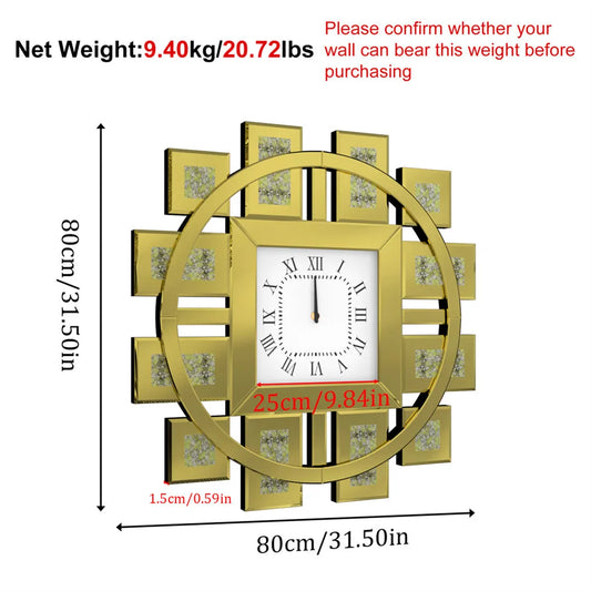 Combination Large Wall Clock Crushed Diamond Mirrored Silver Gold