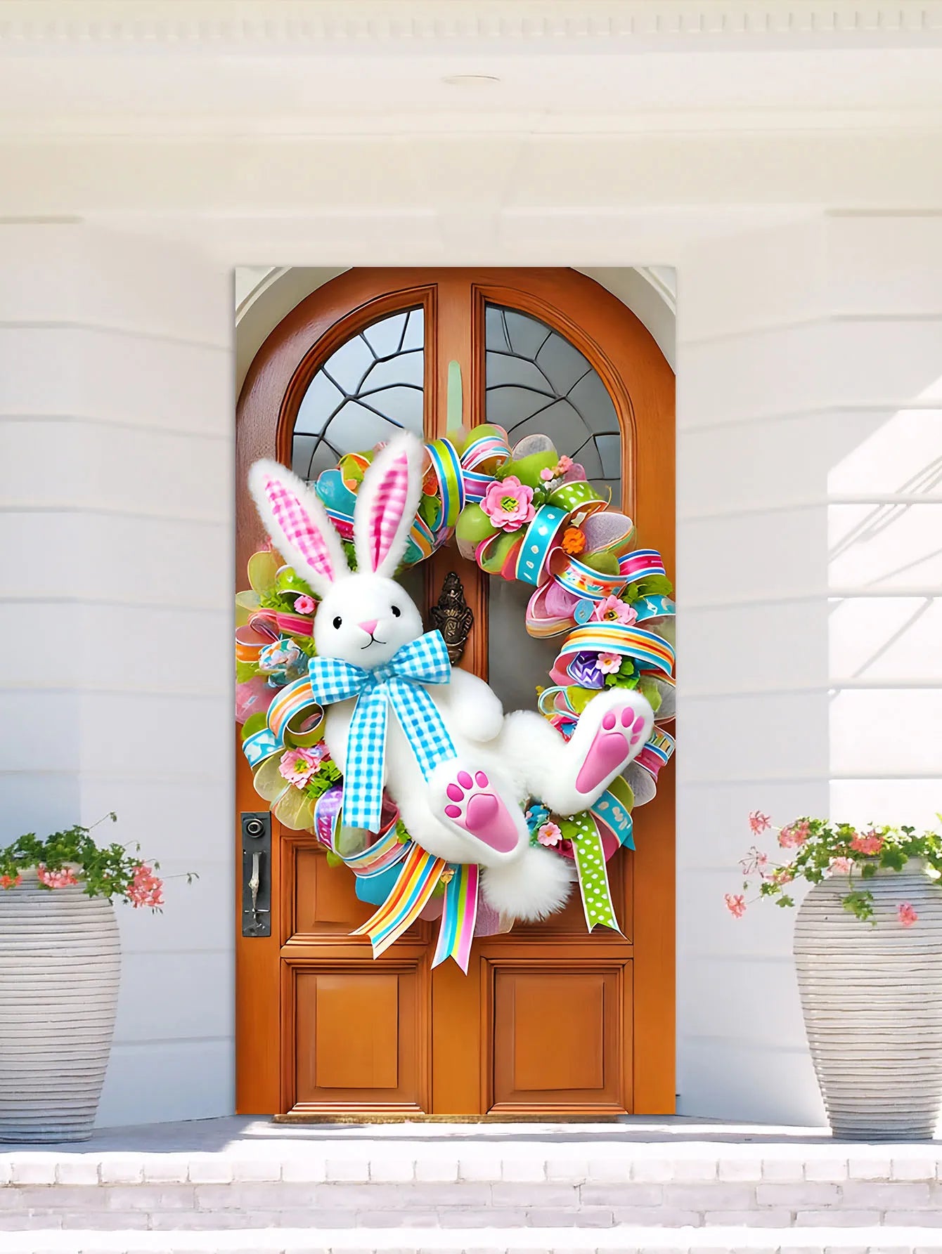 Easter Door Cover Decoration Plush Rabbit Wreath Easter Egg Coloured Ribbon Background Indoor Outdoor Porch Banner Party Supply
