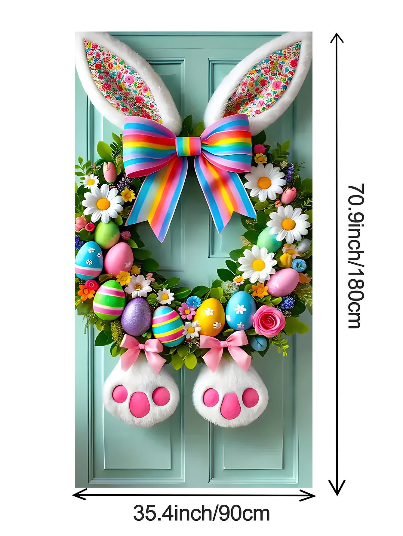 Easter Door Cover Decoration Plush Rabbit Wreath Easter Egg Coloured Ribbon Background Indoor Outdoor Porch Banner Party Supply