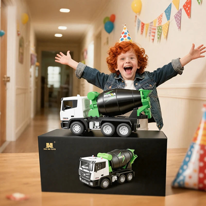 HUI NA TOYS 1:18 Scale 9-Channel Alloy RC Cement Mixer Truck With 360° Rotating Drum & MixingFunnel, Tactile Control System