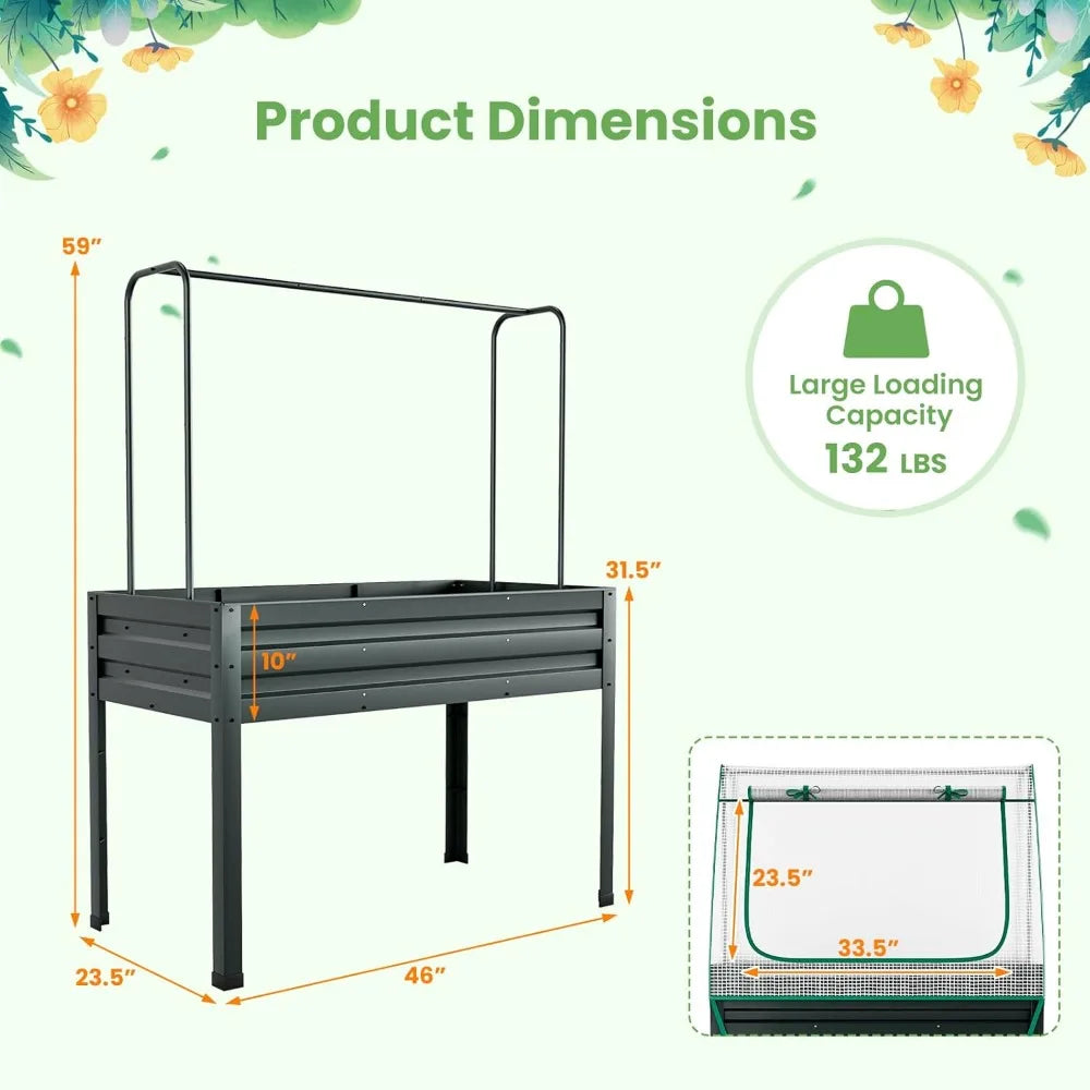 Galvanized Metal 3-in-1 Raised Garden Bed With Trellis And Cover