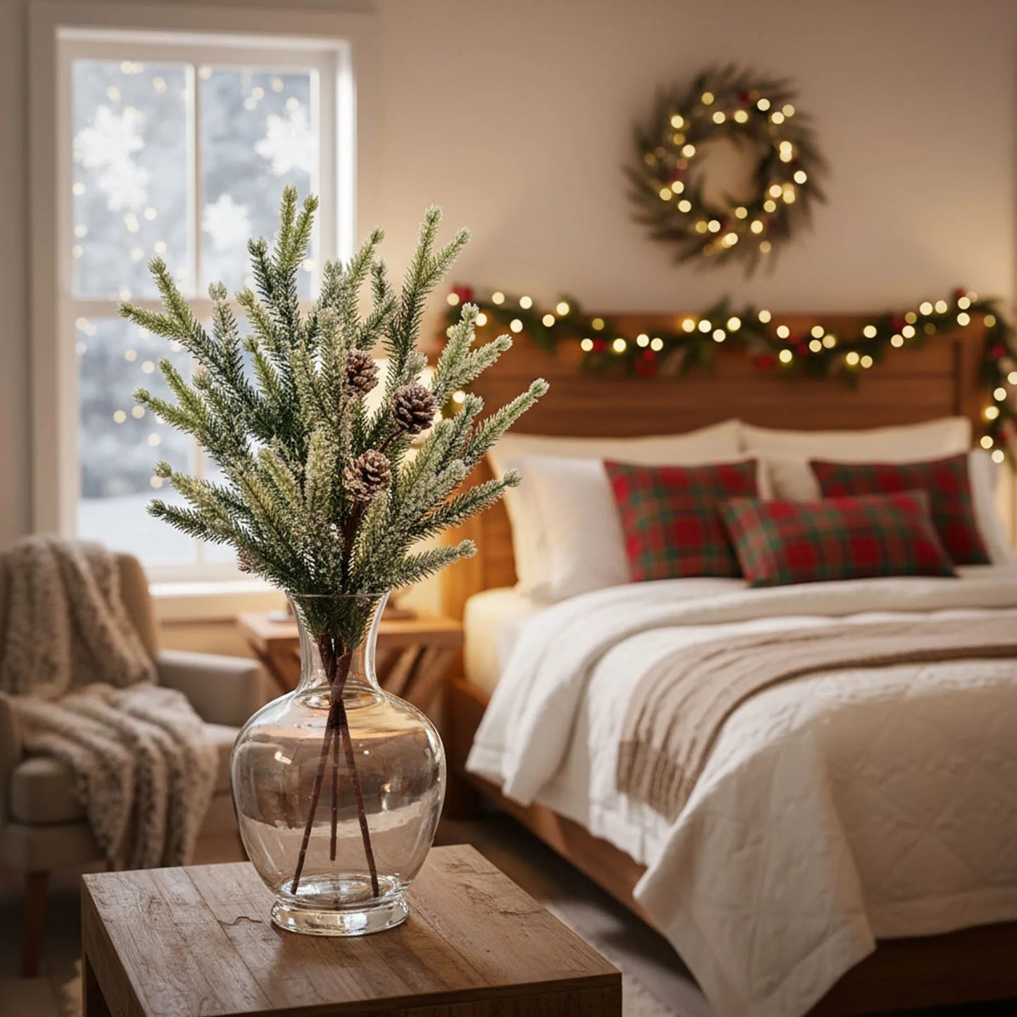 13'' Christmas Fake Frosted Pine Pick W/Pinecone Artificial Flocking Pine Pick Fake Greenery Tree Branch for White Winter Decor